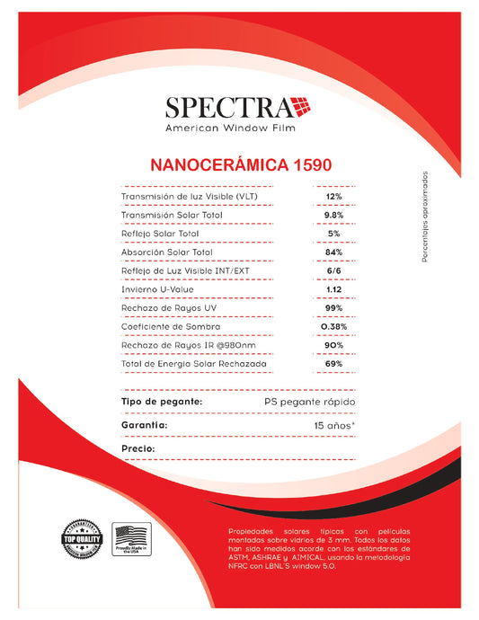 PELICULA DE CONTROL SOLAR NANOCERAMICA IR90 SPECTRA DE 50 CM AUTOMOTRIZ