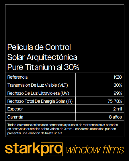 PELÍCULA DE CONTROL SOLAR ARQUITECTONICA PURE TITANIUM STARKPRO DE 1.52MTS