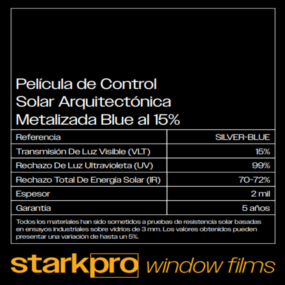 PELICULA DE CONTROL SOLAR ARQUITECTONICA METALIZADA AL 15% STARKPRO DE 1.52MTS