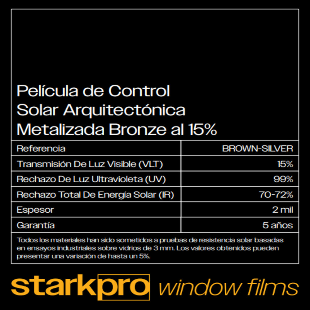 PELICULA DE CONTROL SOLAR ARQUITECTONICA METALIZADA AL 15% STARKPRO DE 1.52MTS