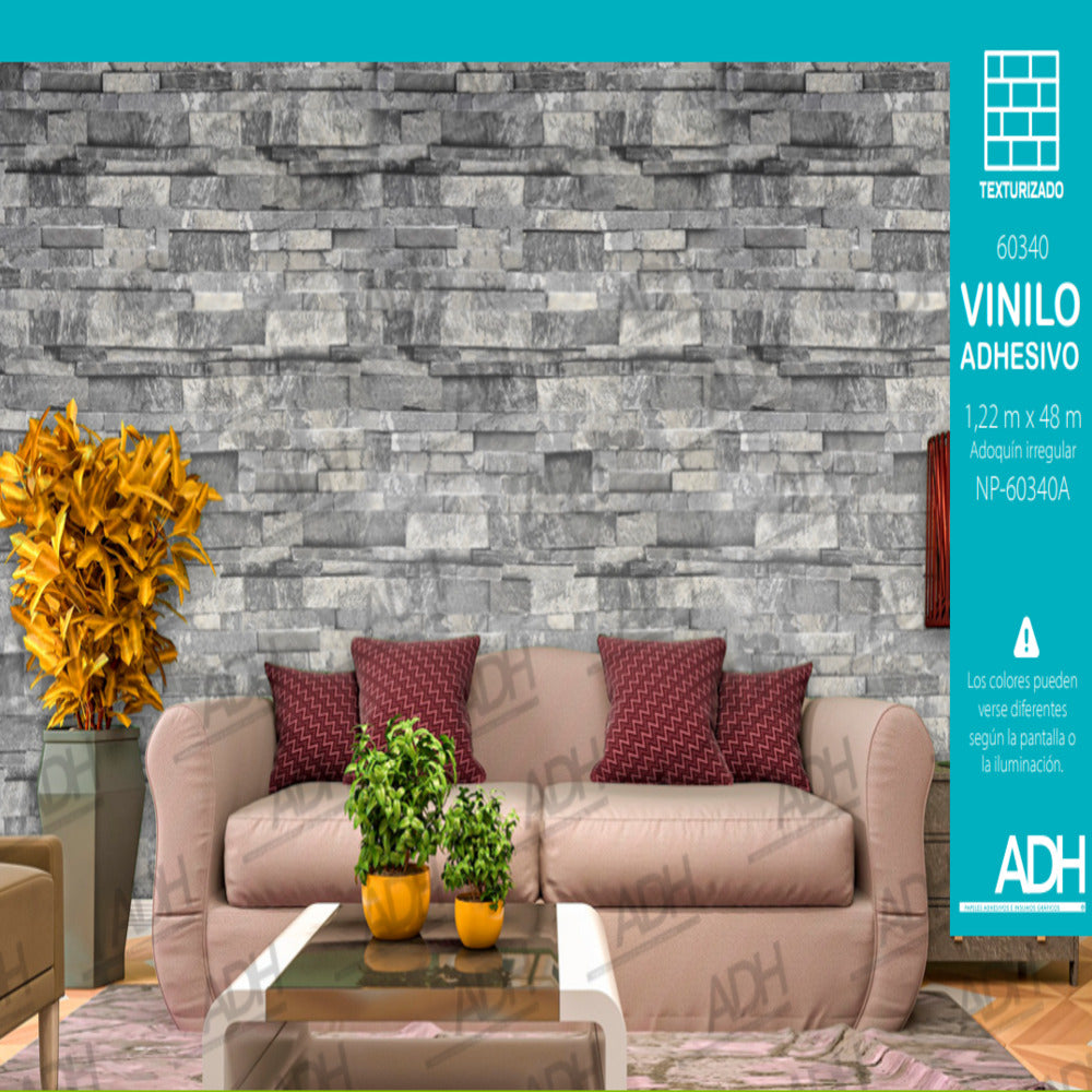VINILO FONDO LADRILLO DELGADO RUSTICO GRIS NP-60340 DE 1.22MTS