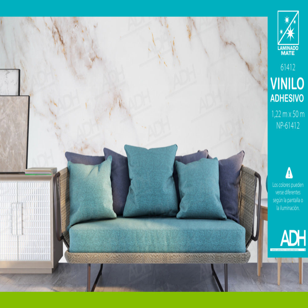 VINILO FONDO MARMOL BLANCO LINEAS CAFES CLARAS GRUESAS MATE NP-61412 DE 1.22MTS