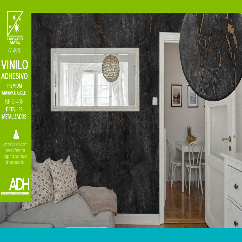 VINILO FONDO MARMOL GRIS BETAS NEGRAS Y DORADAS NP-61498 DE 1.22MTS