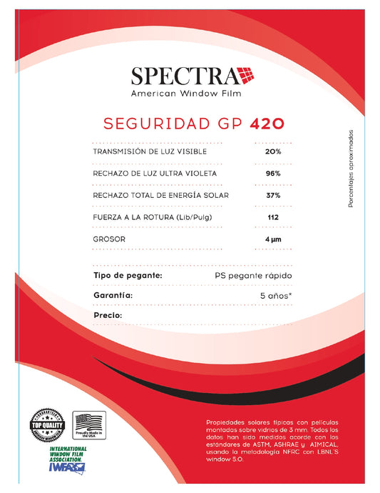 PELICULA DE  SEGURIDAD y IRR SPECTRA GP 4 MIL AL 35% AUTOMOTRIZ