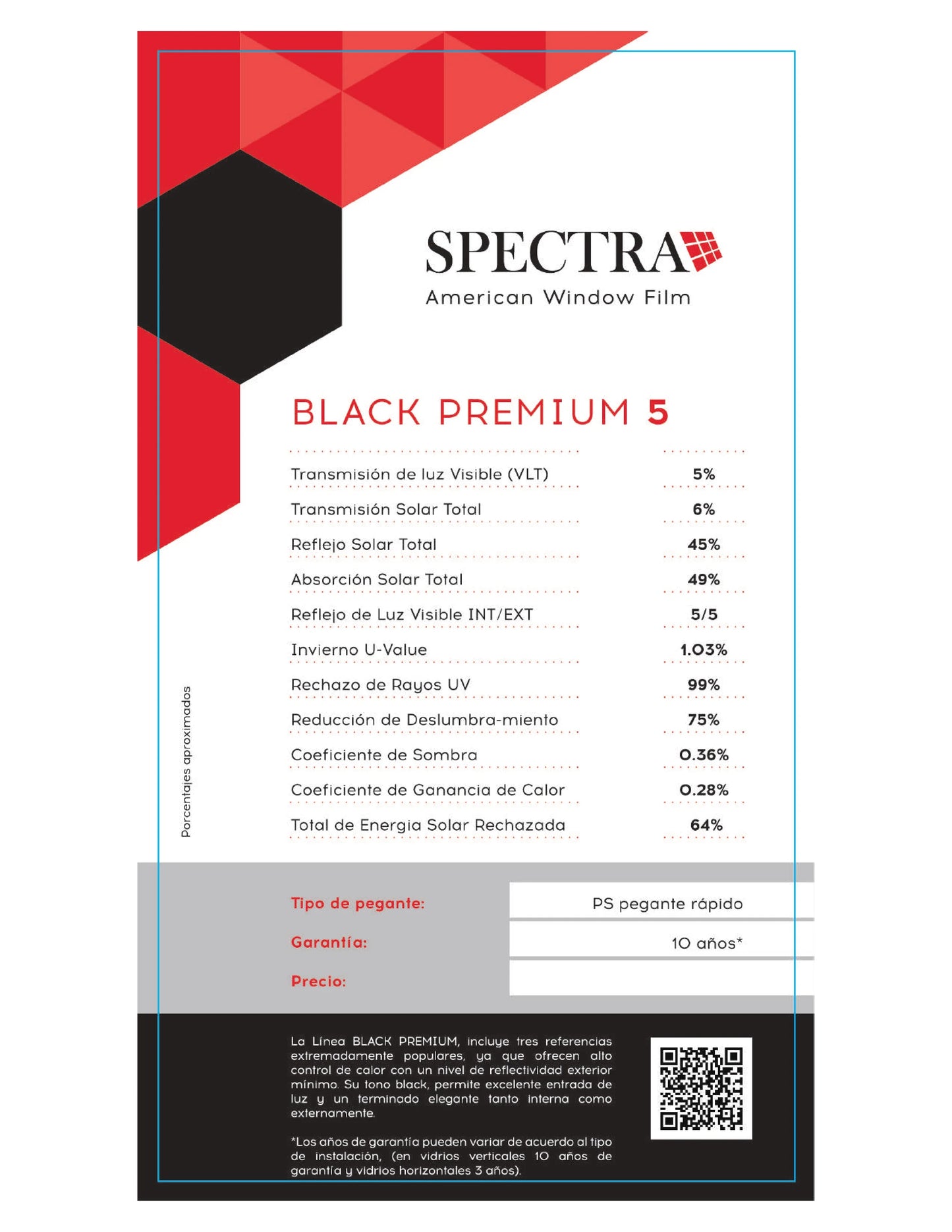 PELÍCULA CONTROL SOLAR ARQUITECTÓNICA SPECTRA BLACK PREMIUM