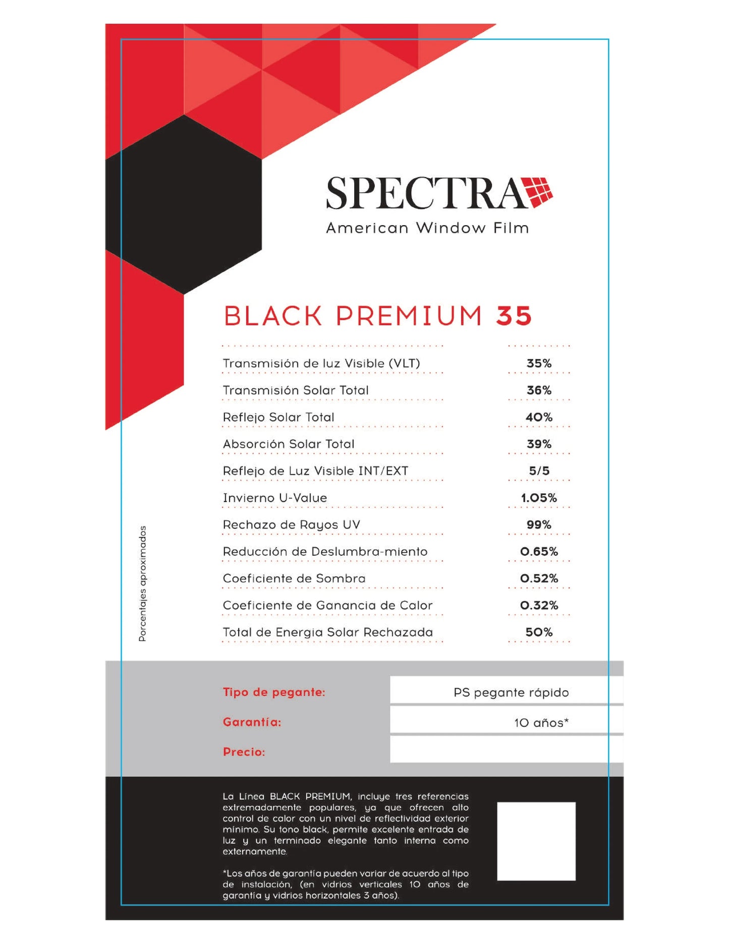 PELÍCULA CONTROL SOLAR ARQUITECTÓNICA SPECTRA BLACK PREMIUM