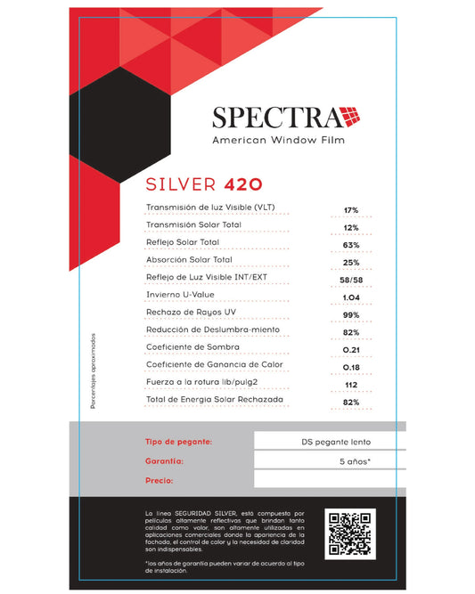 PELÍCULA CONTROL SOLAR ARQUITECTÓNICA SPECTRA SILVER 420