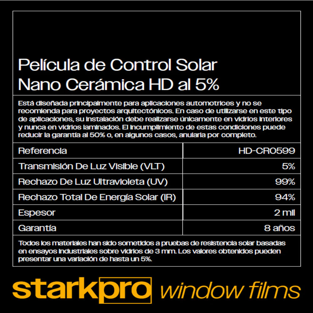 PELÍCULA CONTROL SOLAR AUTOMOTRIZ STARKPRO NANO CERÁMICA HD