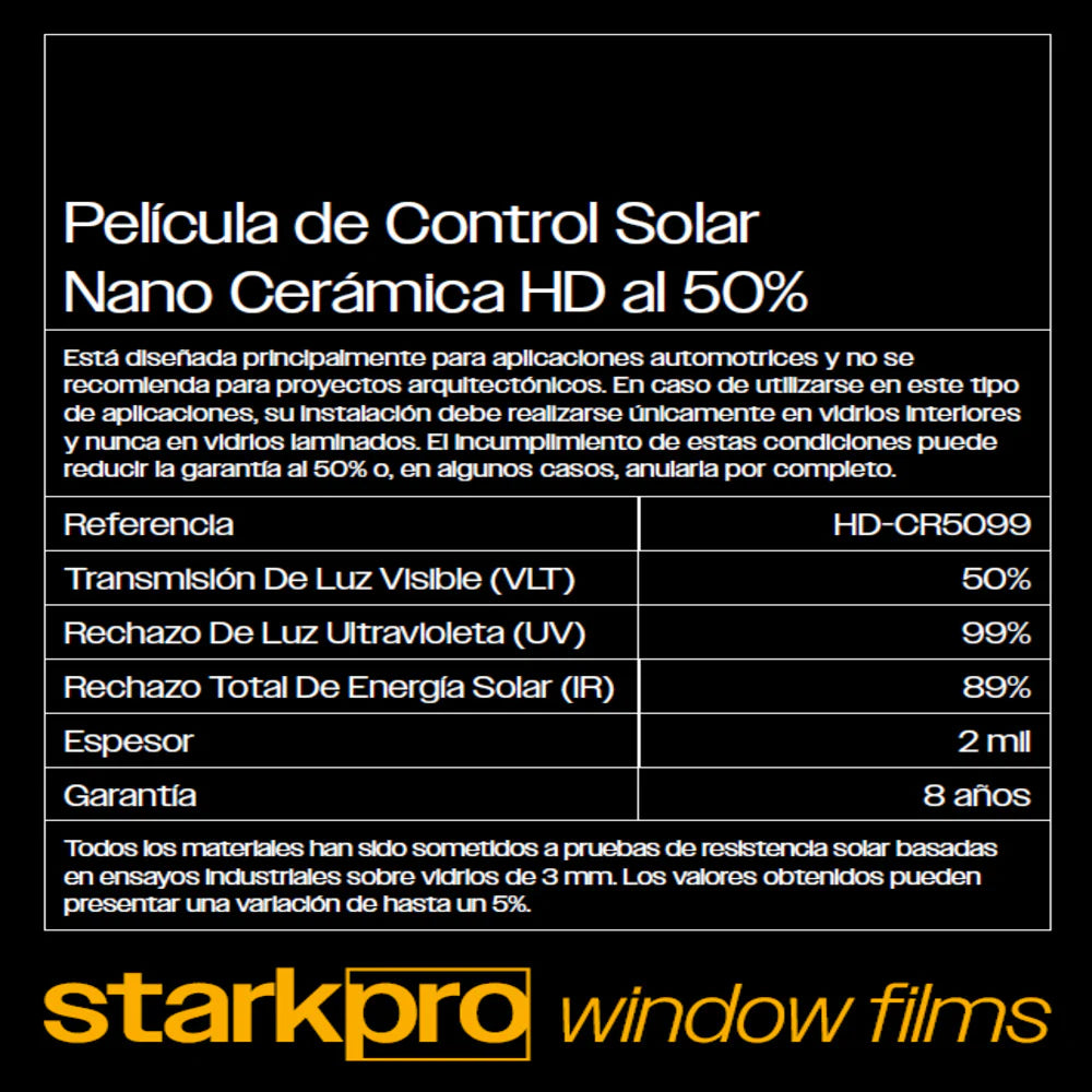 PELÍCULA CONTROL SOLAR AUTOMOTRIZ STARKPRO NANO CERÁMICA HD