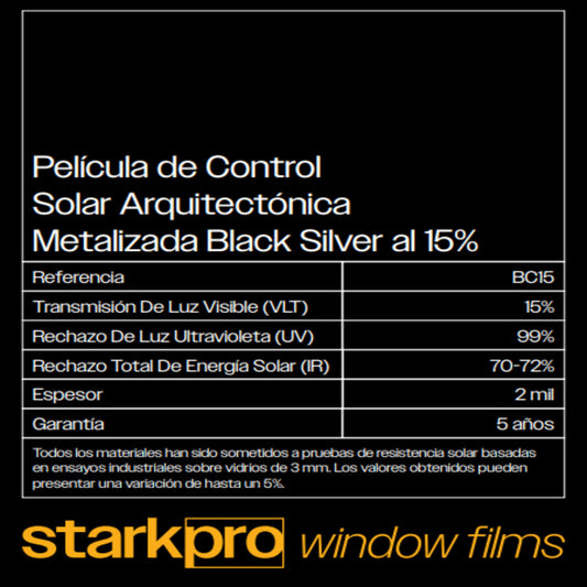 PELICULA DE CONTROL SOLAR ARQUITECTONICA METALIZADA AL 15% STARKPRO DE 1.52MTS