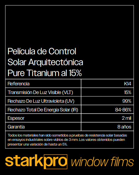 PELÍCULA DE CONTROL SOLAR ARQUITECTONICA PURE TITANIUM STARKPRO DE 1.52MTS