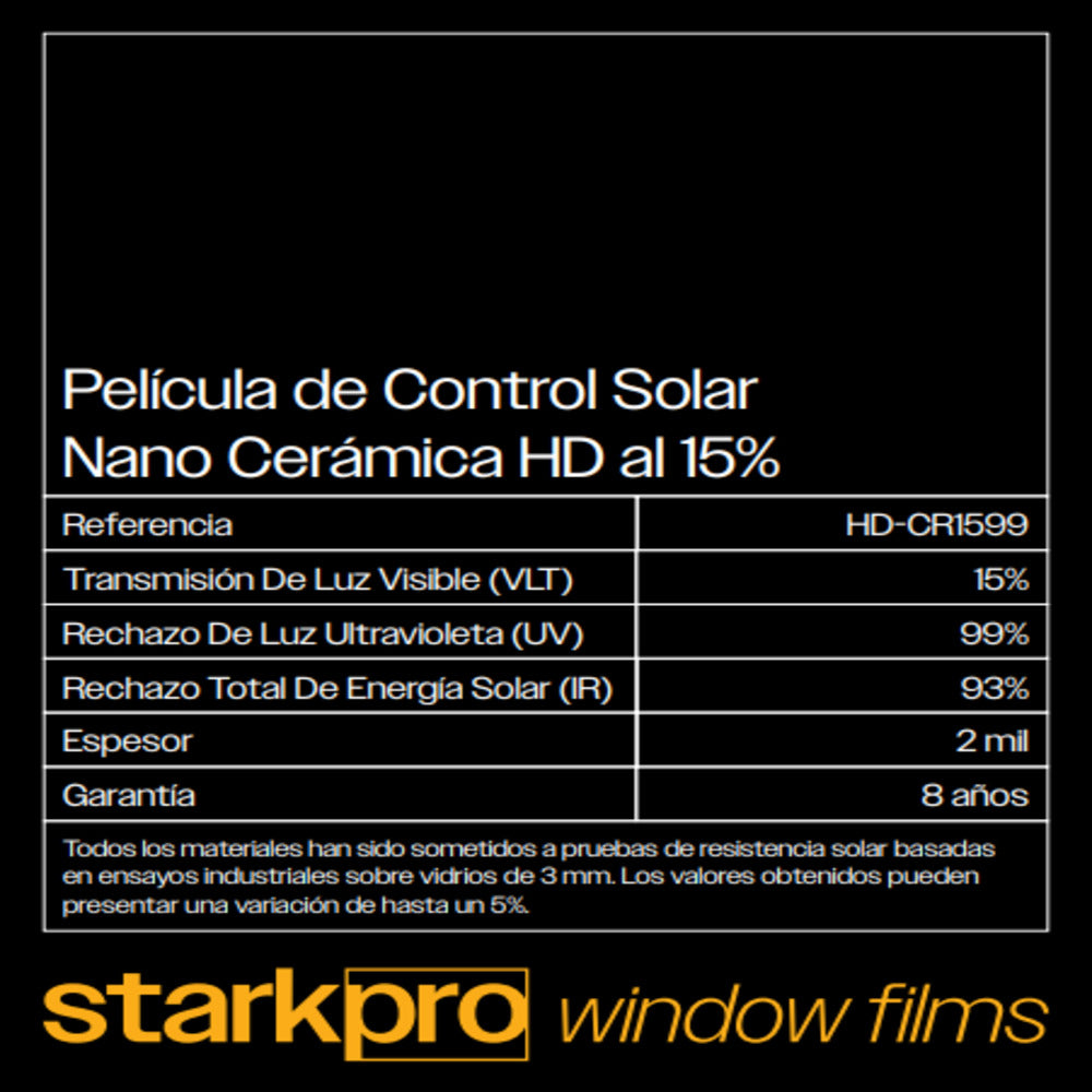 PELICULA DE CONTROL SOLAR NANO CERAMICA HD STARKPRO DE 1.52 AUTOMOTRIZ