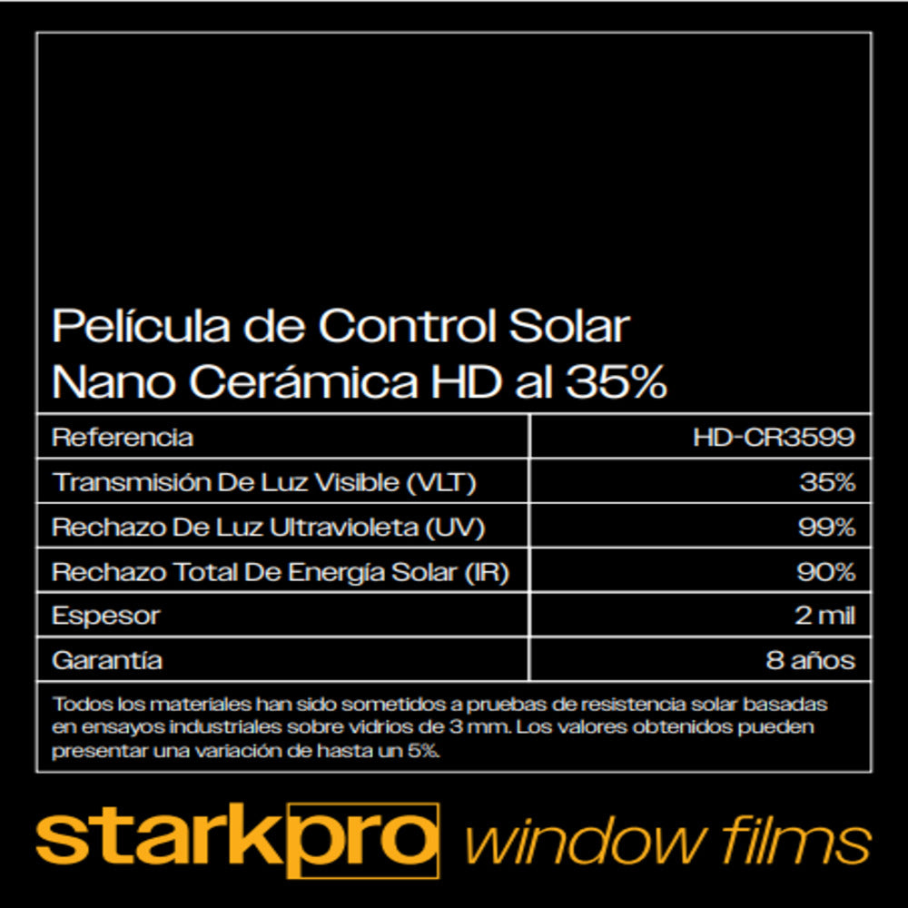 PELICULA DE CONTROL SOLAR NANO CERAMICA HD STARKPRO DE 1.52 AUTOMOTRIZ