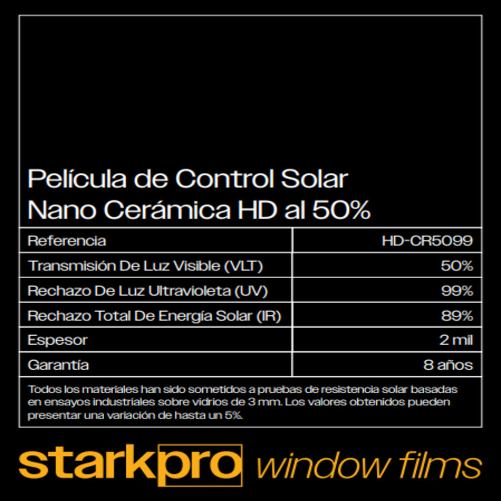 PELICULA DE CONTROL SOLAR NANO CERAMICA HD STARKPRO DE 1.52 AUTOMOTRIZ