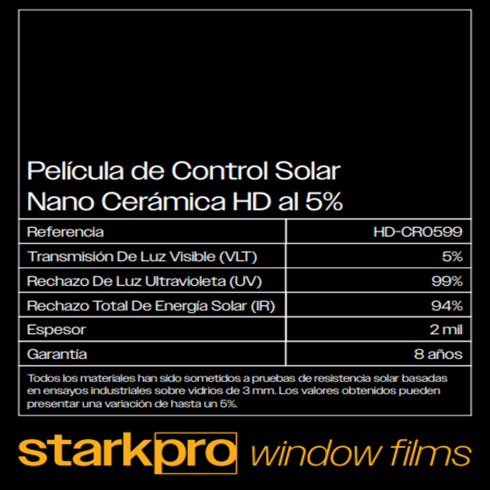 PELICULA DE CONTROL SOLAR NANO CERAMICA HD STARKPRO DE 1.52 AUTOMOTRIZ