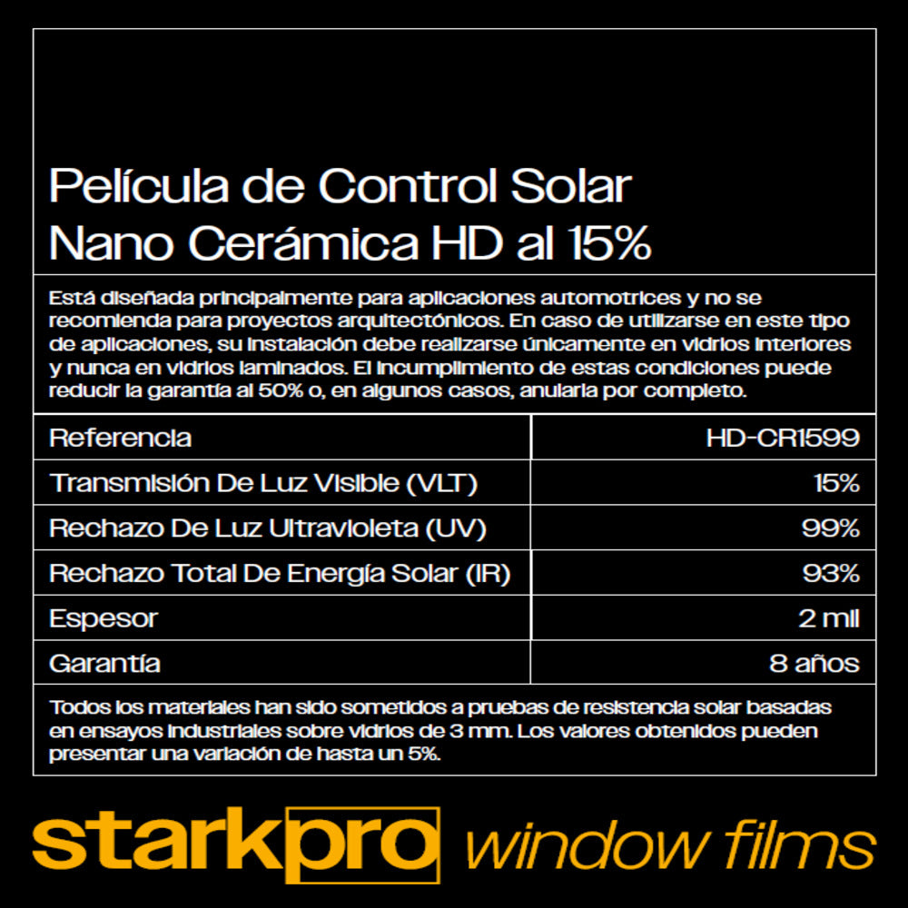 PELICULA DE CONTROL SOLAR NANO CERAMICA HD STARKPRO DE 1.52 AUTOMOTRIZ