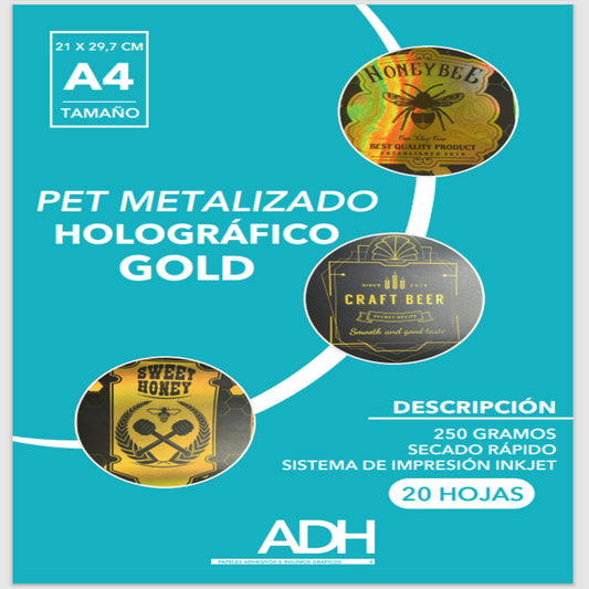 PET HOLOGRAFICO DORADO A4 X 20 HOJAS