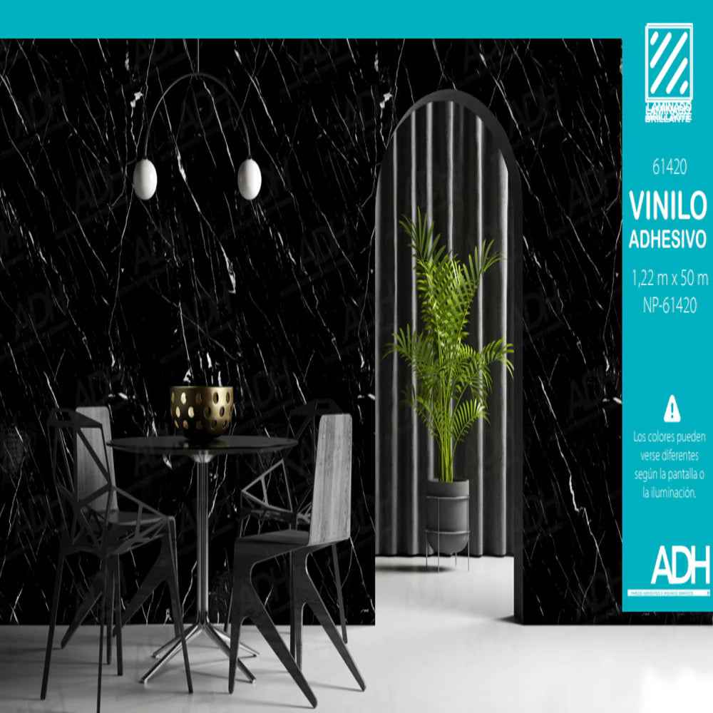 VINILO DECORATIVO MÁRMOL NEGRO LÍNEAS BLANCAS BRILLANTES NOVO NP-61420