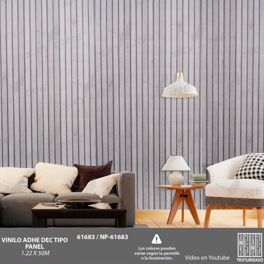 VINILO DECORATIVO MADERA TIPO PANEL GRIS CLARO LÍNEAS CAFÉS NOVO NP-61683