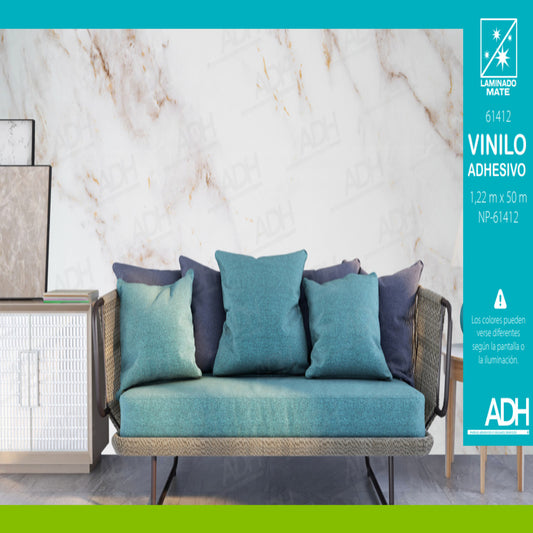 VINILO FONDO MARMOL BLANCO LINEAS CAFES CLARAS GRUESAS MATE NP-61412 DE 1.22MTS