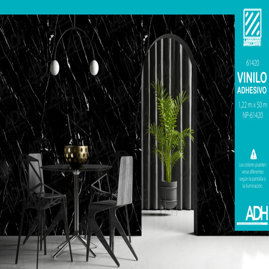 VINILO FONDO MARMOL NEGRO LINEAS BLANCAS BRILLANTES NP-61420 DE 1.22MTS