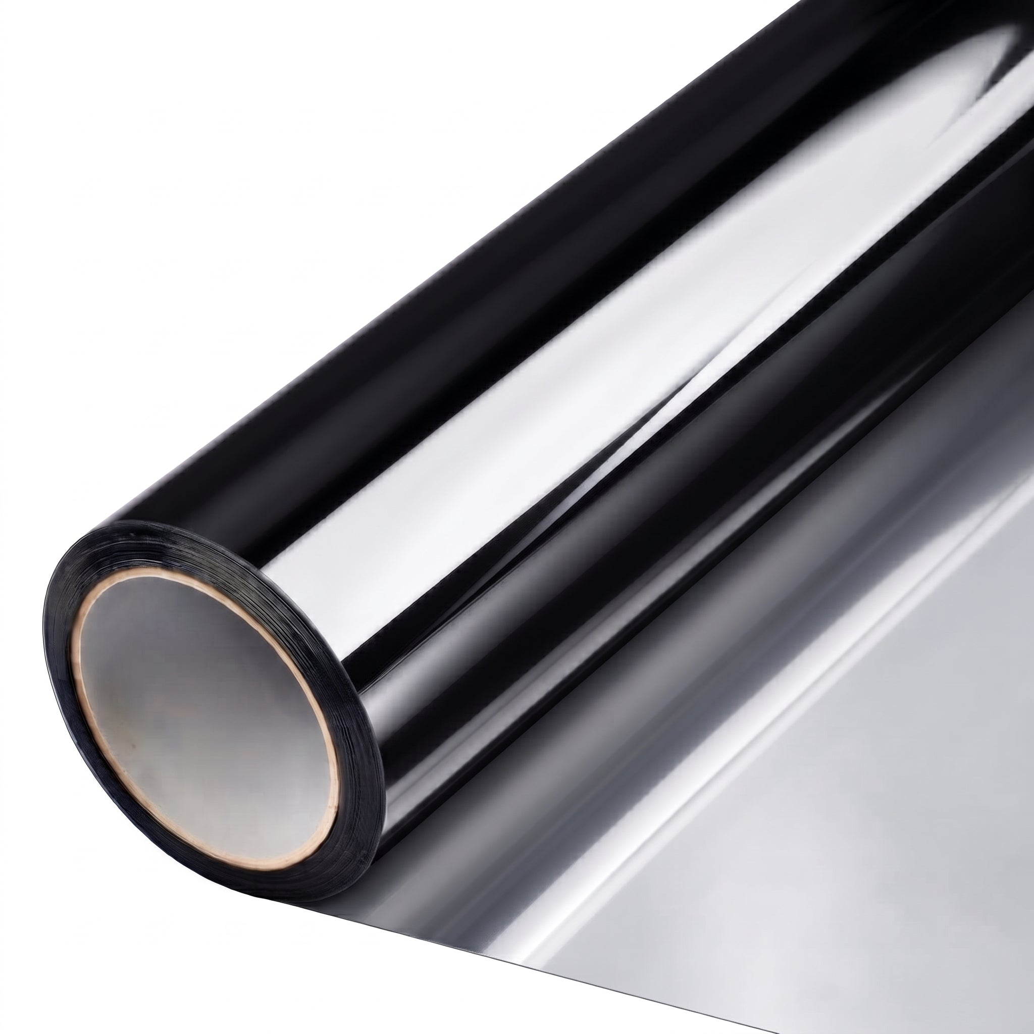 Rollo de película de control solar StarkPro metalizada Black Silver al 15%, con lámina plateada desenrollada
