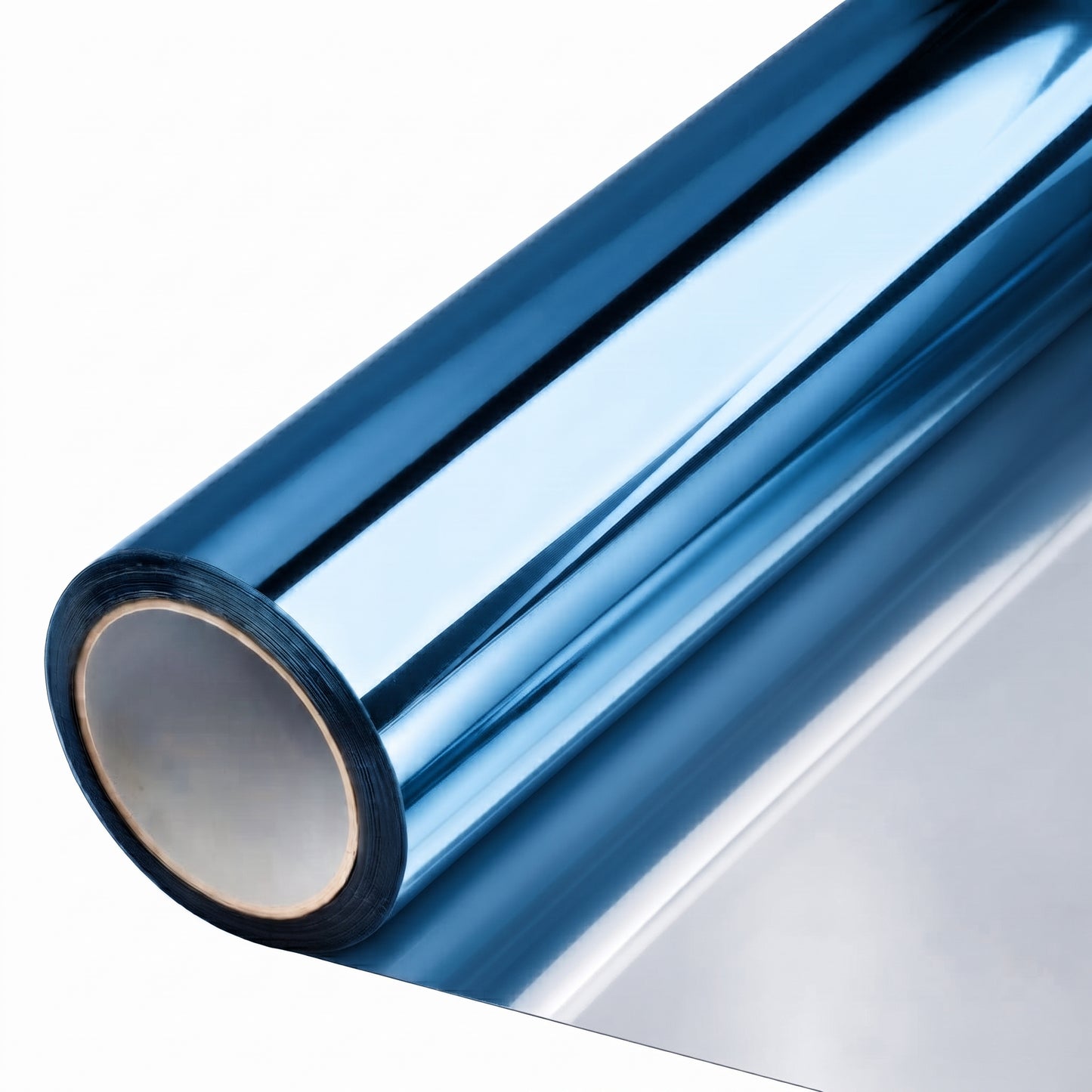Rollo de película de control solar StarkPro metalizada Blue al 15%, con lámina plateada desenrollada
