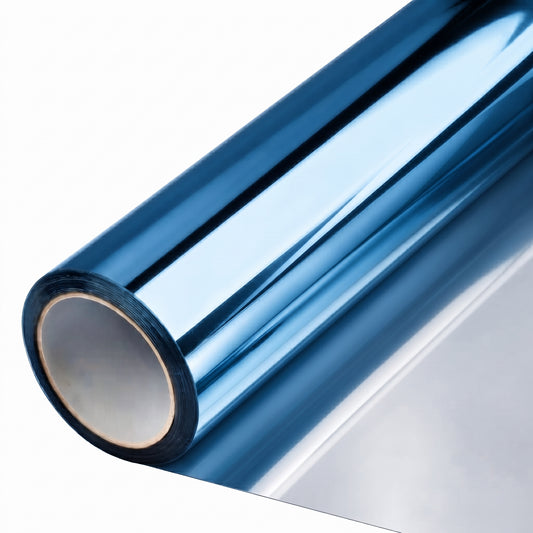 Rollo de película de control solar StarkPro metalizada Blue al 15%, con lámina plateada desenrollada