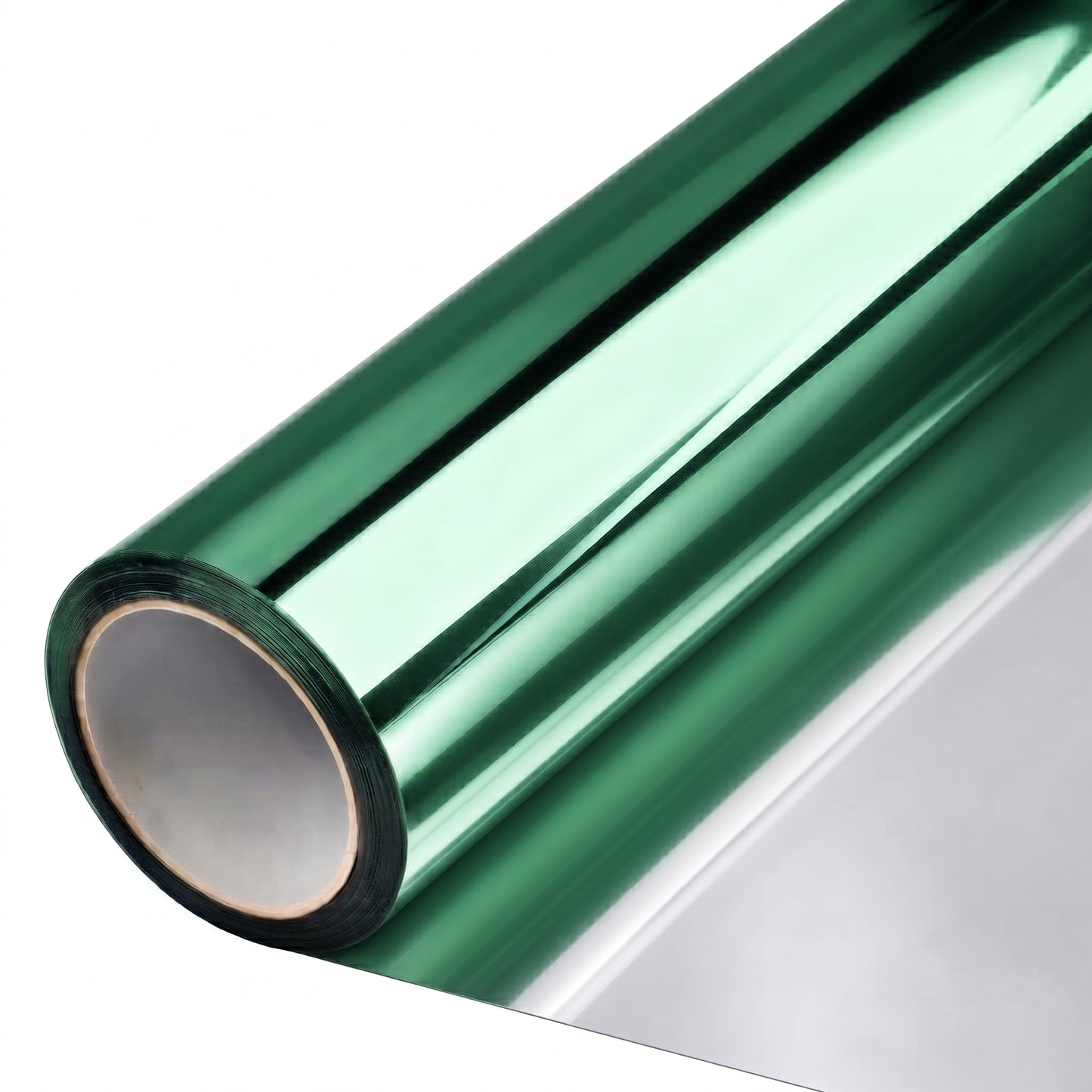 Rollo de película de control solar StarkPro metalizada Green al 15%, con lámina plateada desenrollada